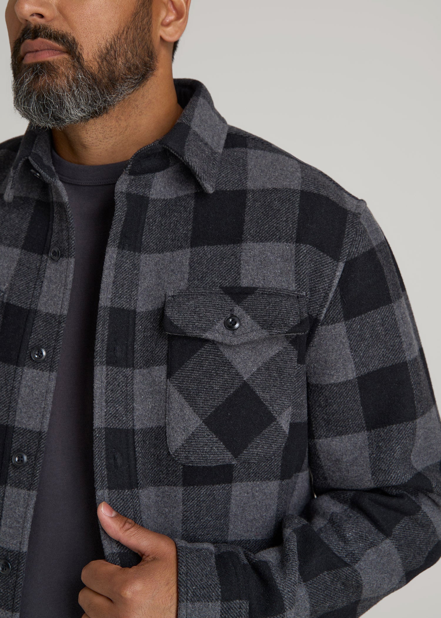 American Tall Men LJ&S Wool Blend Shirt Jacket for Tall Men in Black and Grey Check