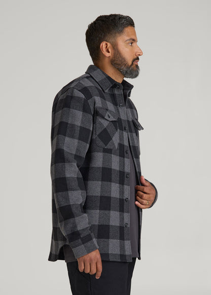 American Tall Men LJ&S Wool Blend Shirt Jacket for Tall Men in Black and Grey Check
