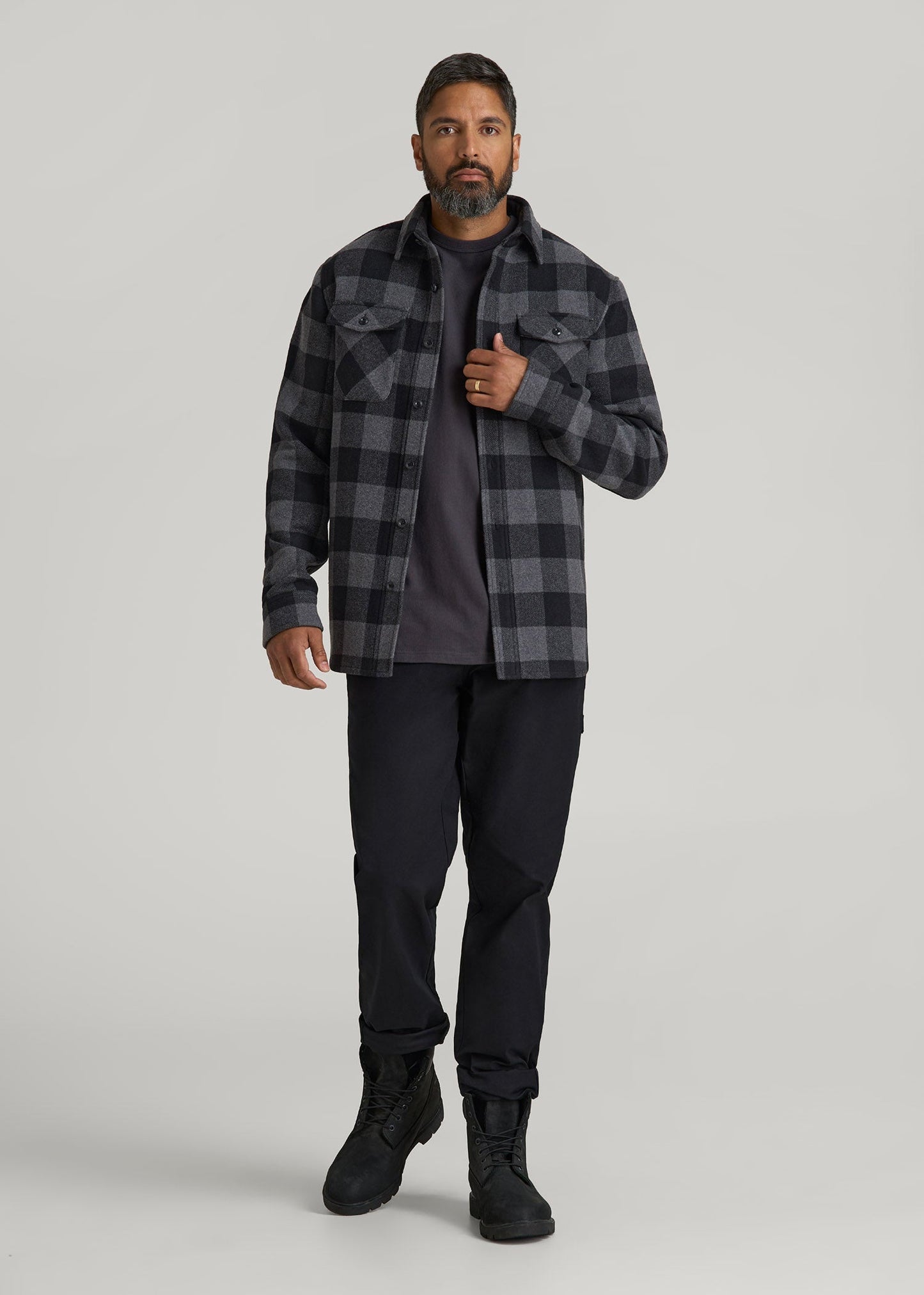 American Tall Men LJ&S Wool Blend Shirt Jacket for Tall Men in Black and Grey Check