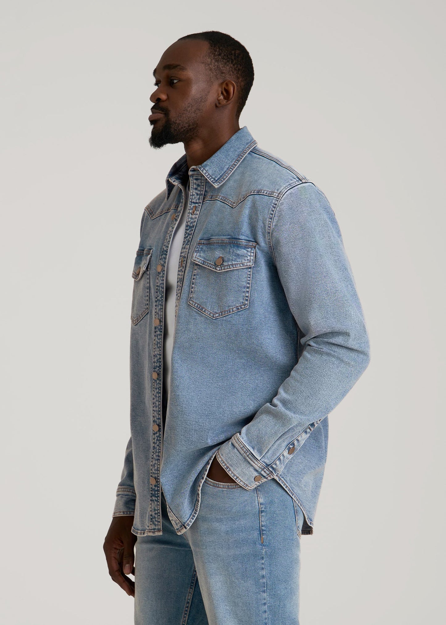 American Tall Men Western Denim Shirt for Tall Men in Heritage Faded