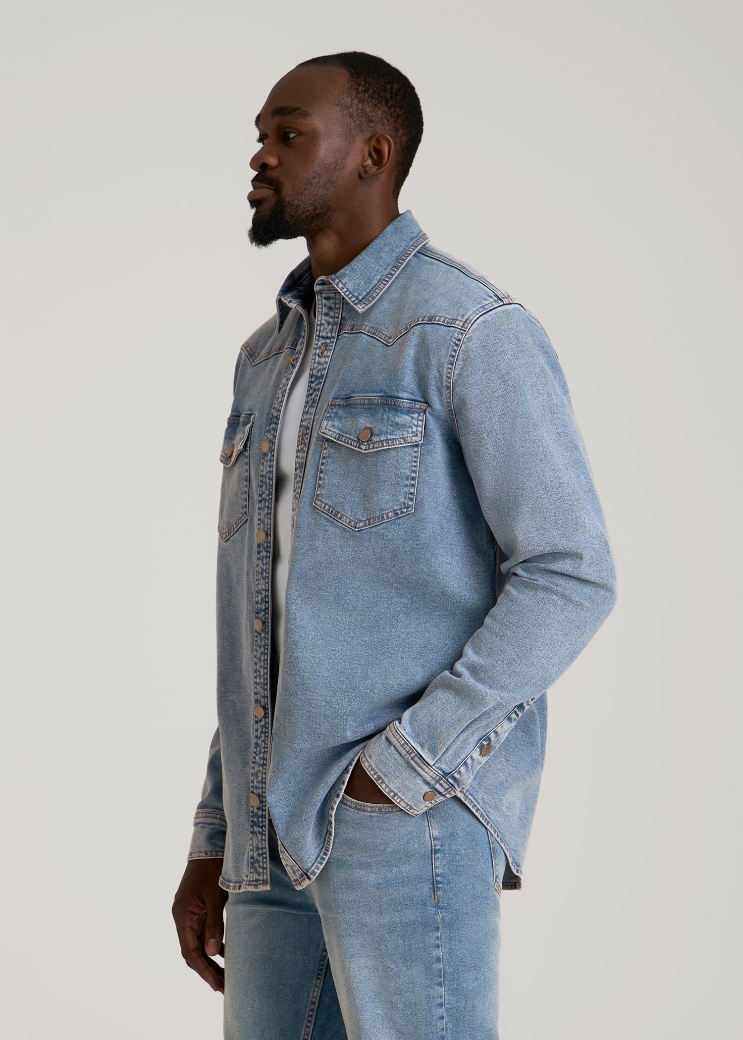American Tall Men Western Denim Shirt for Tall Men in Heritage Faded