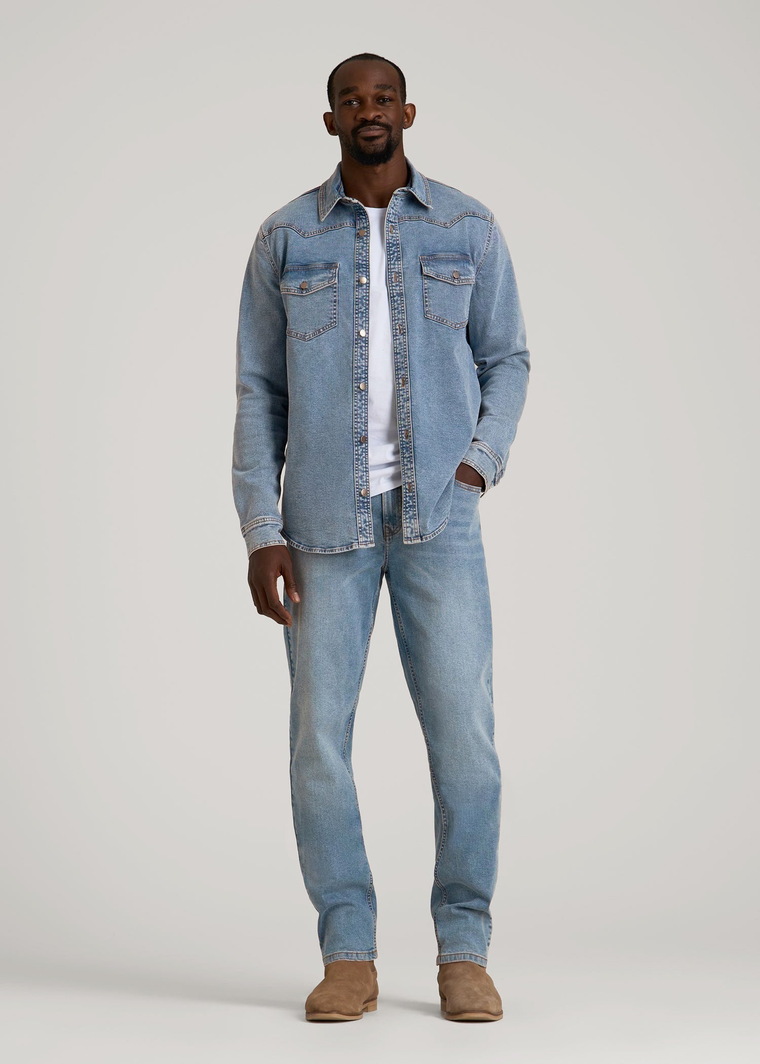 American Tall Men Western Denim Shirt for Tall Men in Heritage Faded