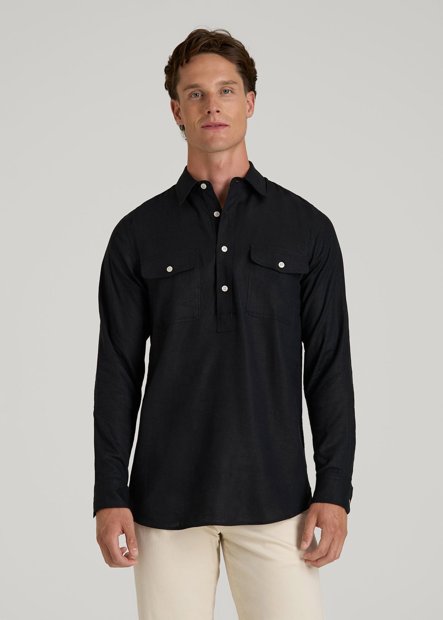 American Tall Men Linen Popover Shirt for Tall Men in Black