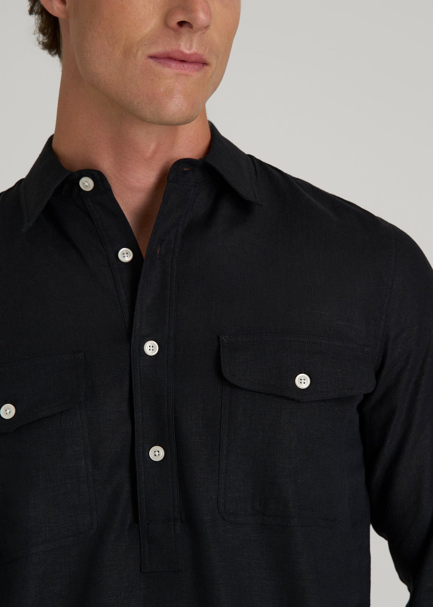 American Tall Men Linen Popover Shirt for Tall Men in Black