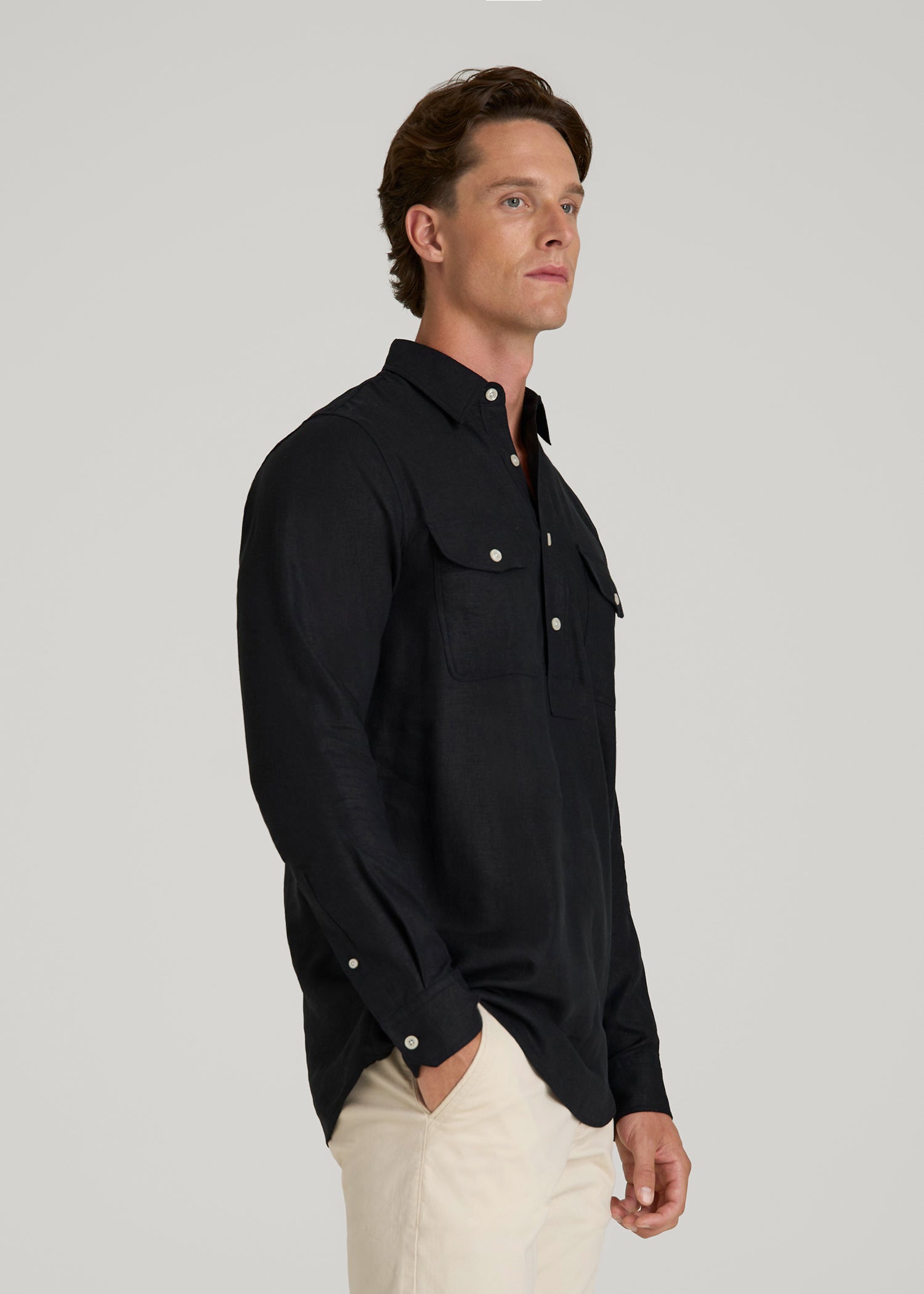 American Tall Men Linen Popover Shirt for Tall Men in Black