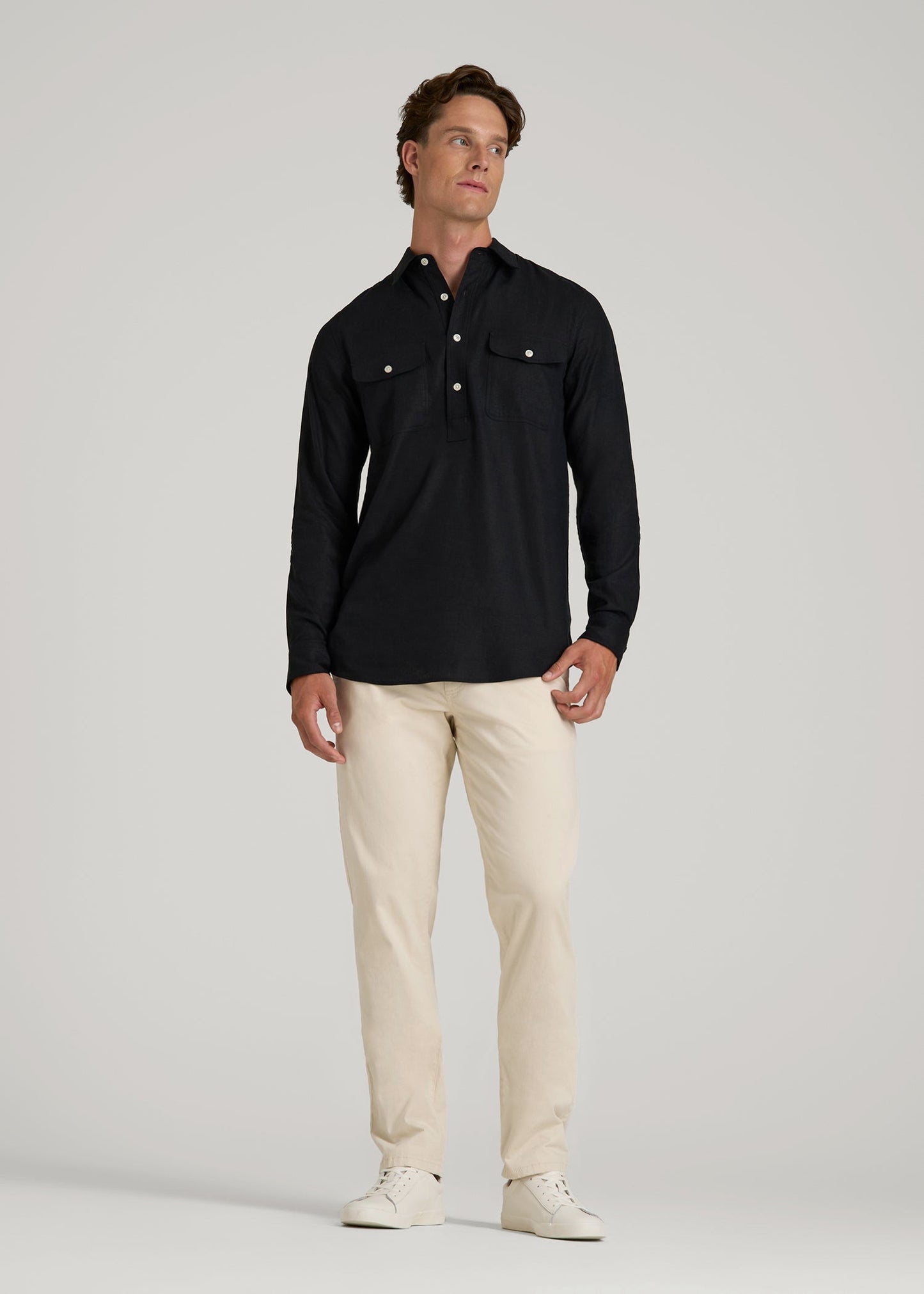 American Tall Men Linen Popover Shirt for Tall Men in Black