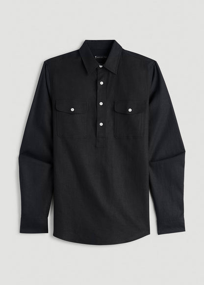 American Tall Men Linen Popover Shirt for Tall Men in Black