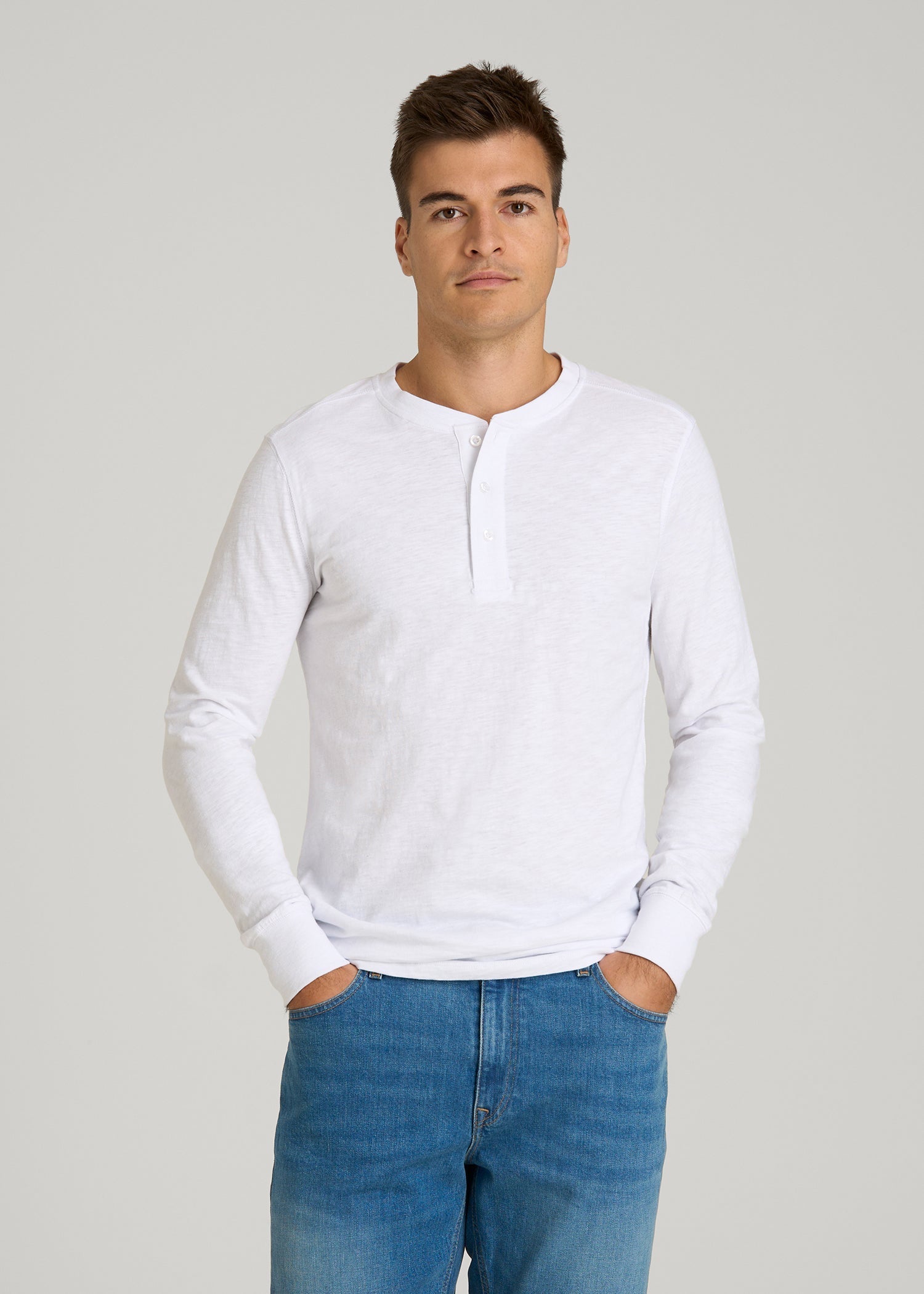 American Tall Men Three-Button Long Sleeve Slub Henley for Tall Men in White