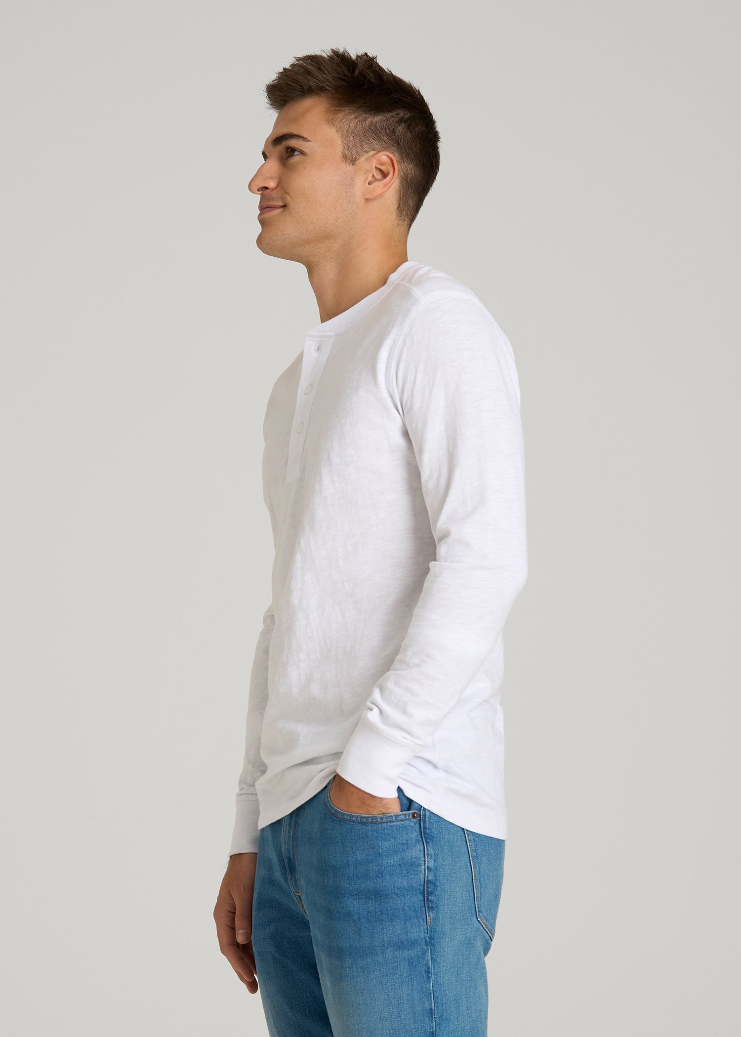 American Tall Men Three-Button Long Sleeve Slub Henley for Tall Men in White
