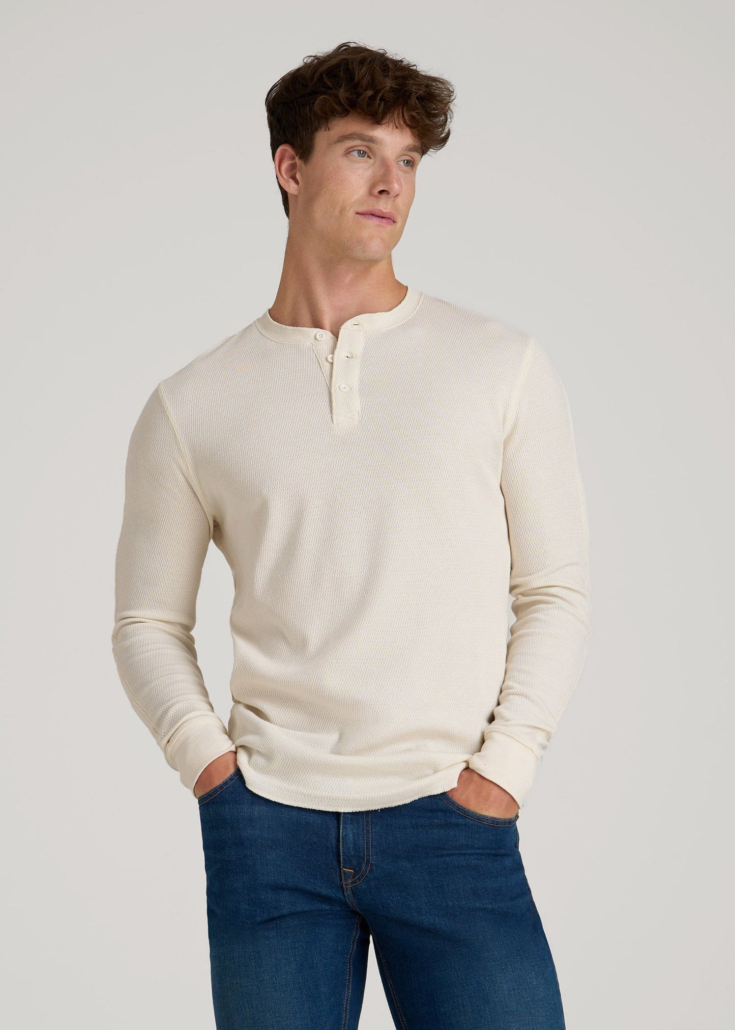 American Tall Men Double Honeycomb Thermal Long-Sleeve Henley Shirt for Tall Men in White Alyssum