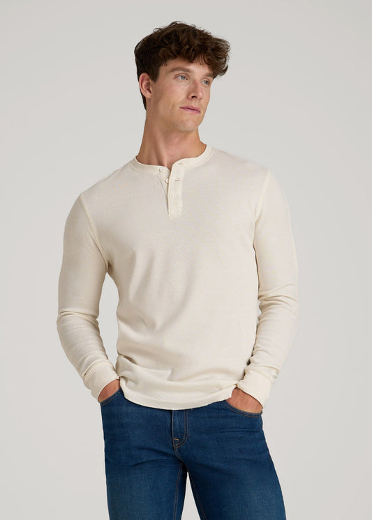 American Tall Men Double Honeycomb Thermal Long-Sleeve Henley Shirt for Tall Men in White Alyssum