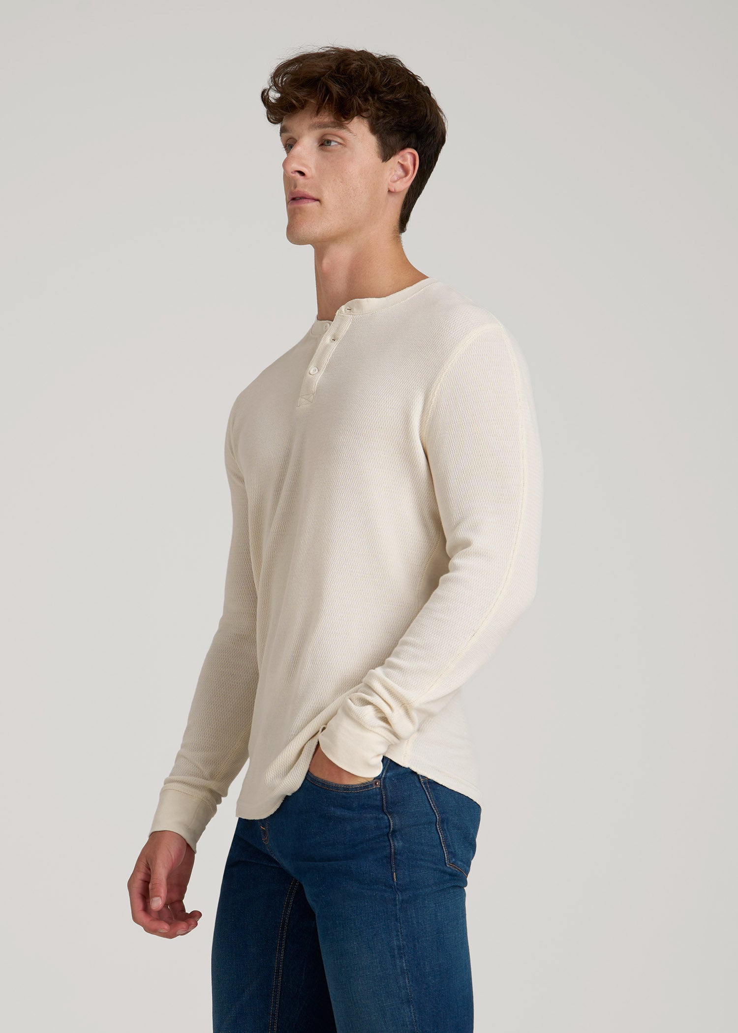 American Tall Men Double Honeycomb Thermal Long-Sleeve Henley Shirt for Tall Men in White Alyssum