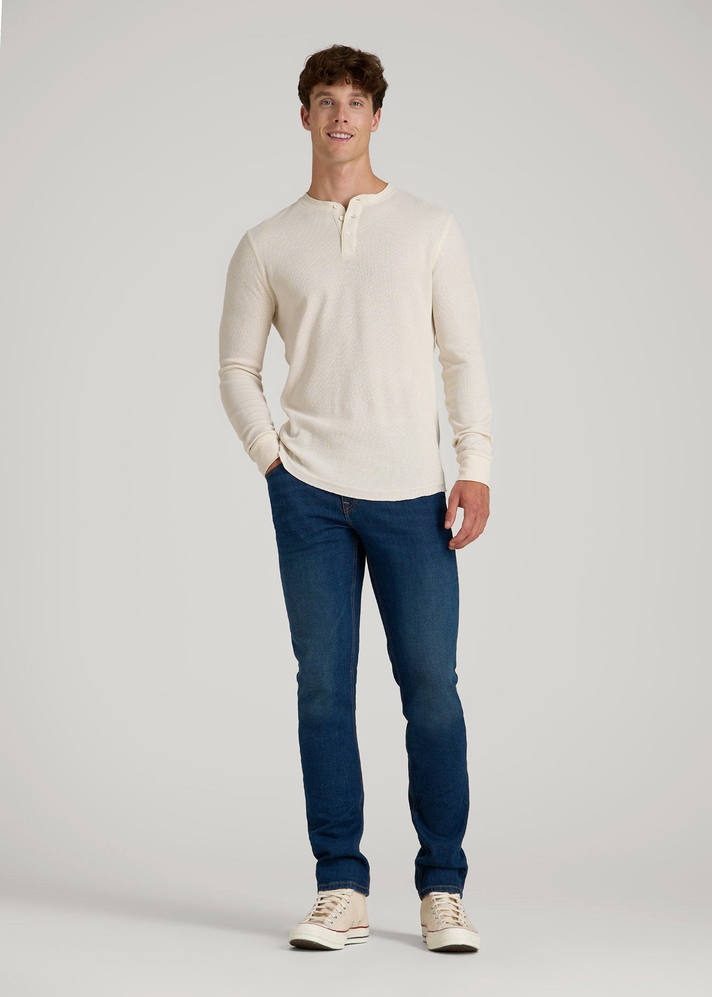 American Tall Men Double Honeycomb Thermal Long-Sleeve Henley Shirt for Tall Men in White Alyssum