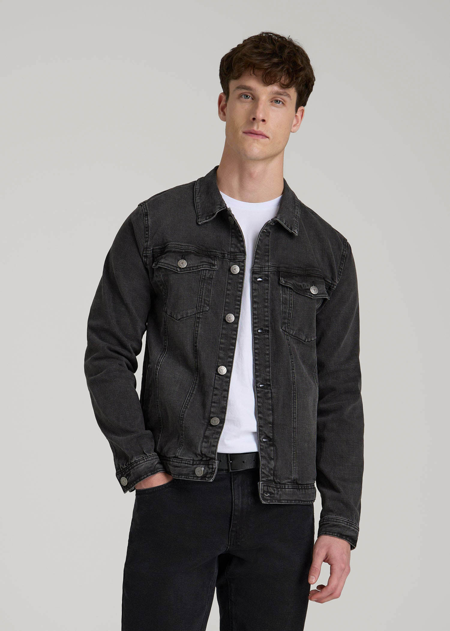 American Tall Men Denim Trucker Jacket for Tall Men in Washed Black