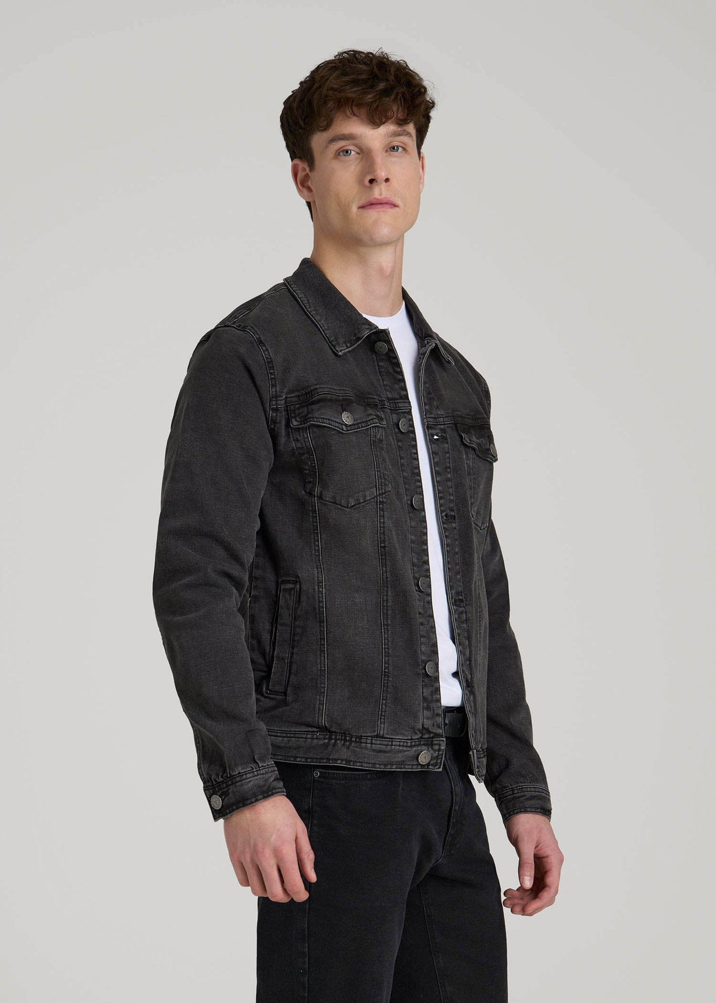 American Tall Men Denim Trucker Jacket for Tall Men in Washed Black
