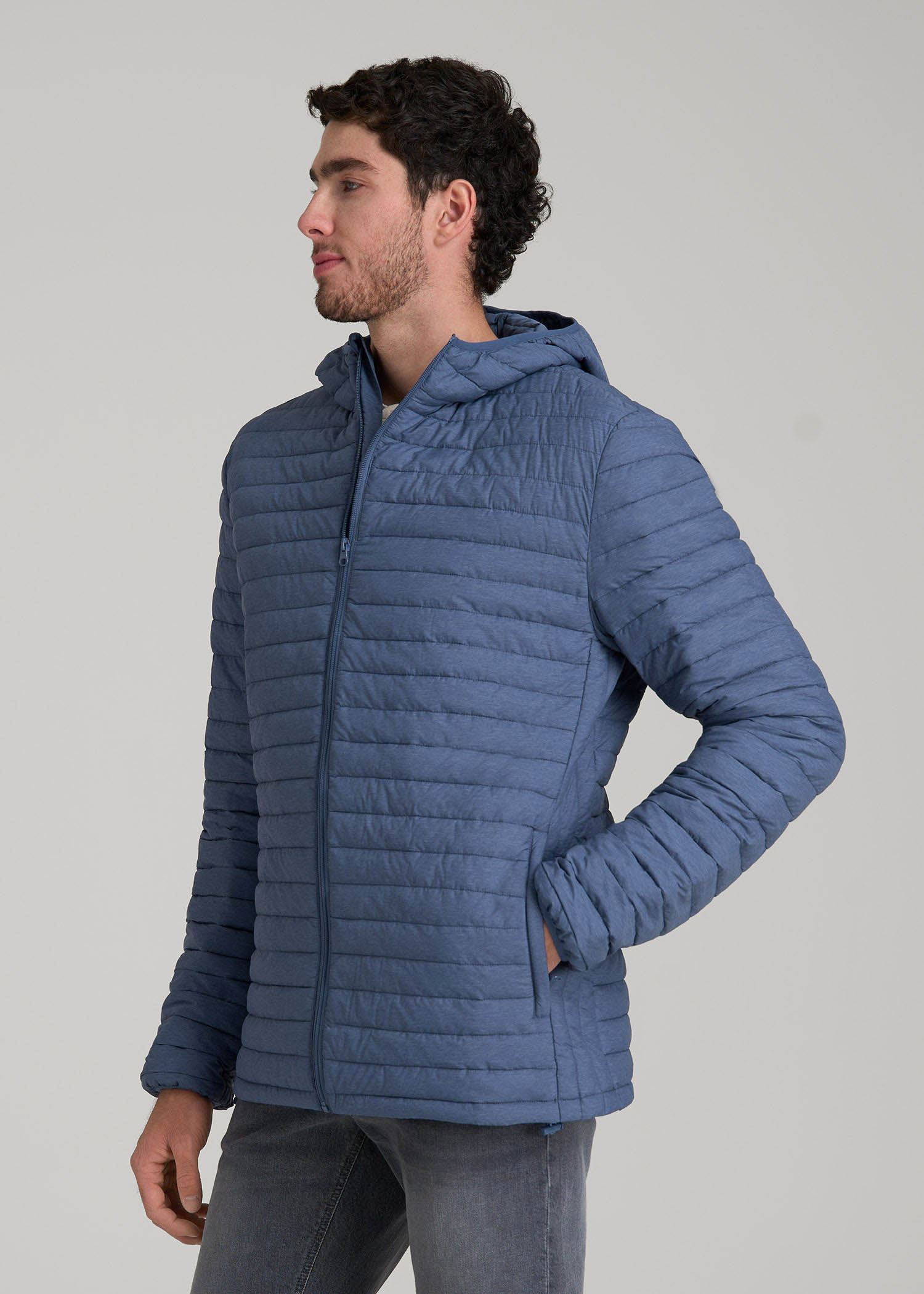 American Tall Men Packable Puffer Jacket for Tall Men in Steel Blue