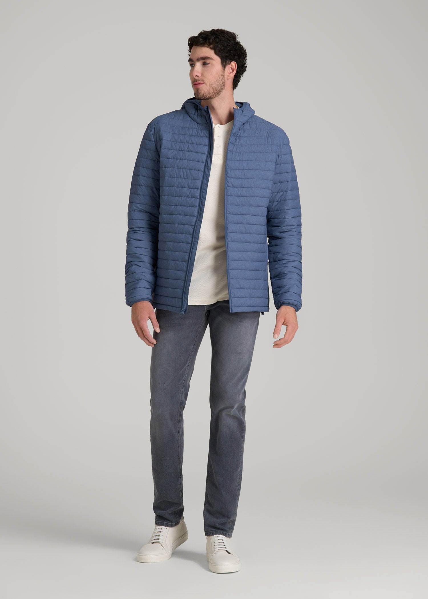 American Tall Men Packable Puffer Jacket for Tall Men in Steel Blue