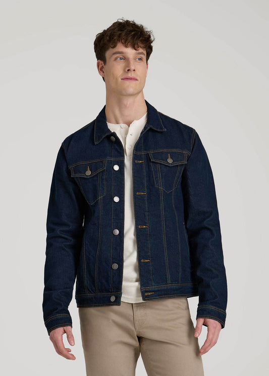 American Tall Men Denim Trucker Jacket for Tall Men in Raw Indigo