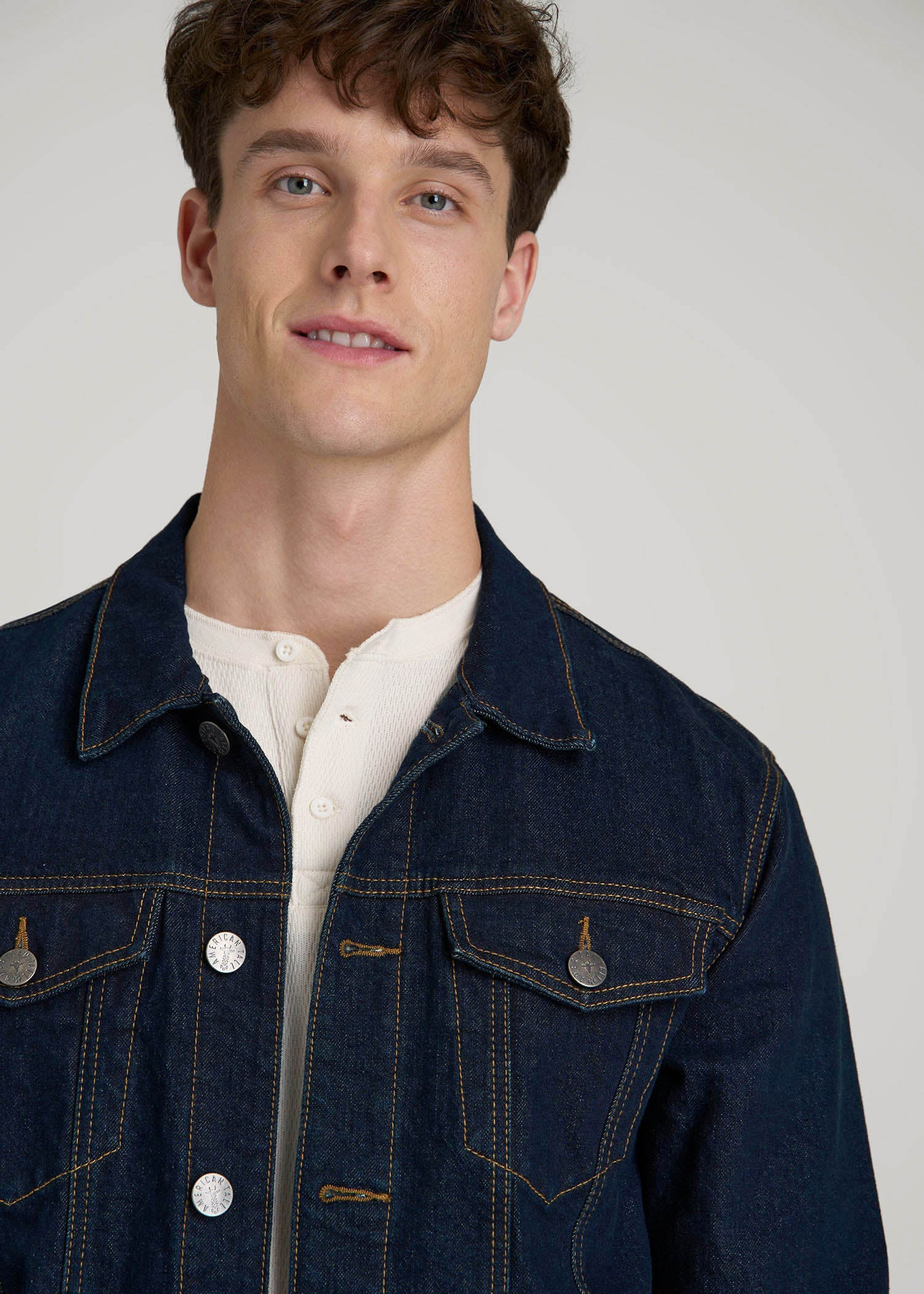 American Tall Men Denim Trucker Jacket for Tall Men in Raw Indigo