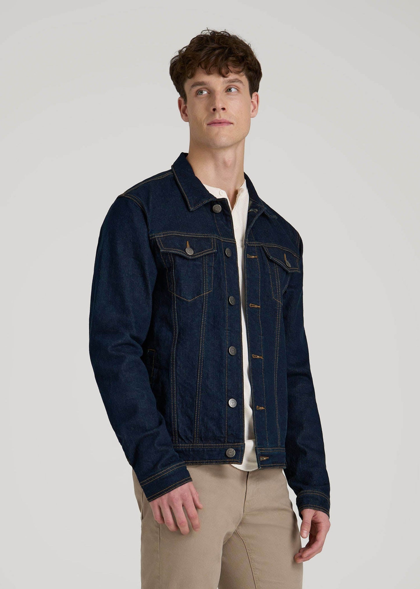American Tall Men Denim Trucker Jacket for Tall Men in Raw Indigo