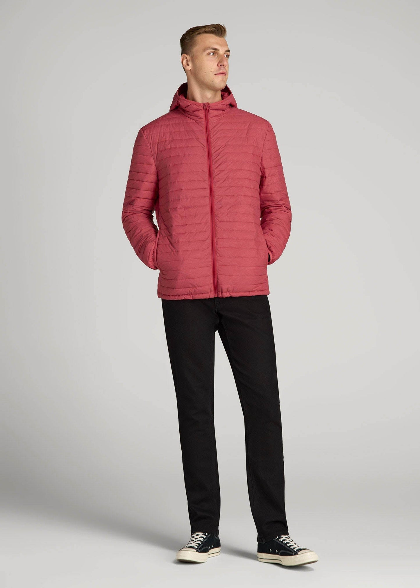 American Tall Men Packable Puffer Jacket for Tall Men in Red Space Dye