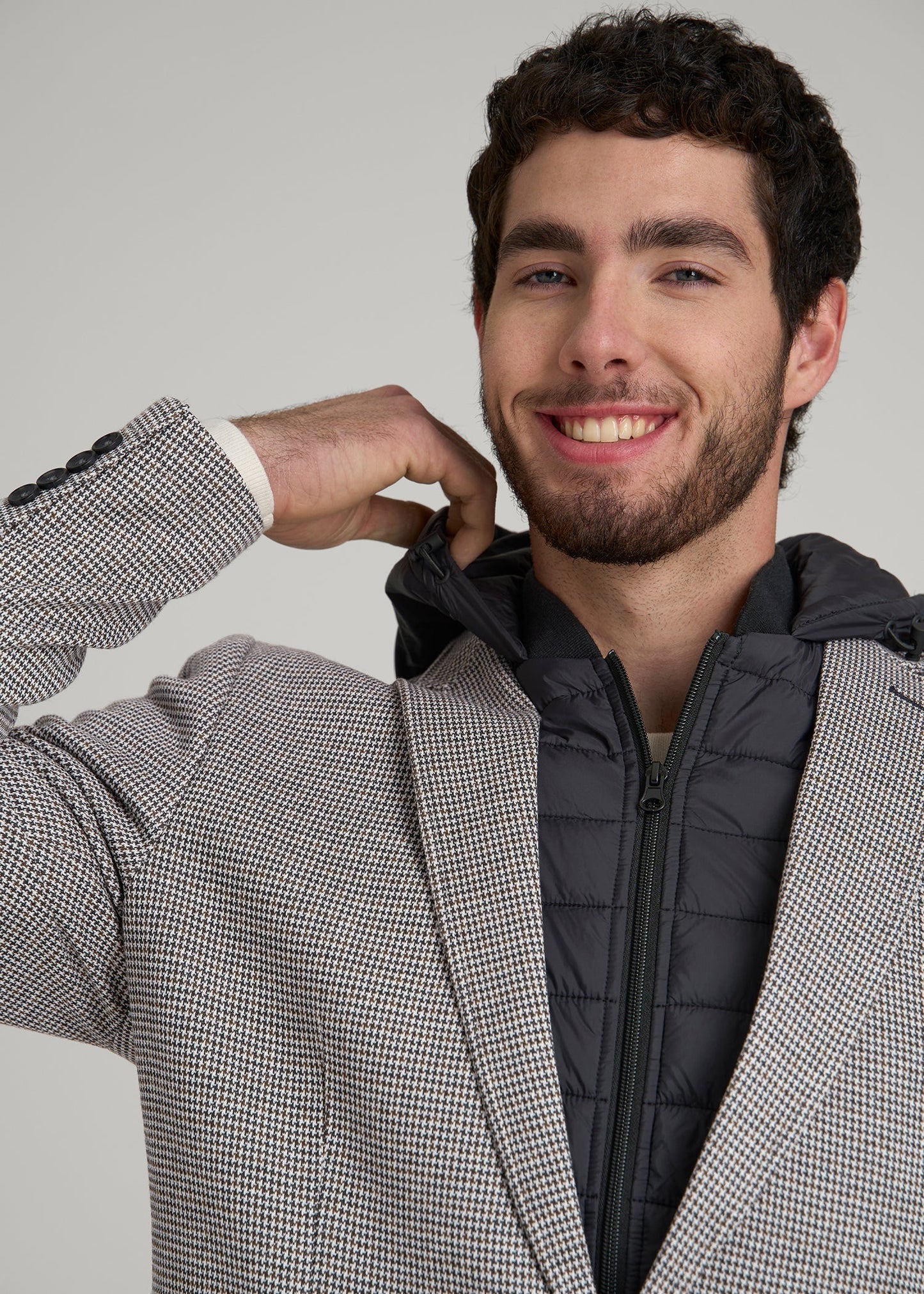 American Tall Men Hooded Bib Blazer for Tall Men in Chocolate and Black Houndstooth