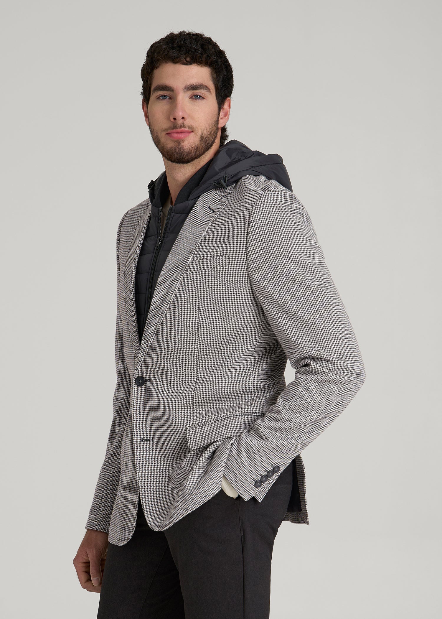 American Tall Men Hooded Bib Blazer for Tall Men in Chocolate and Black Houndstooth
