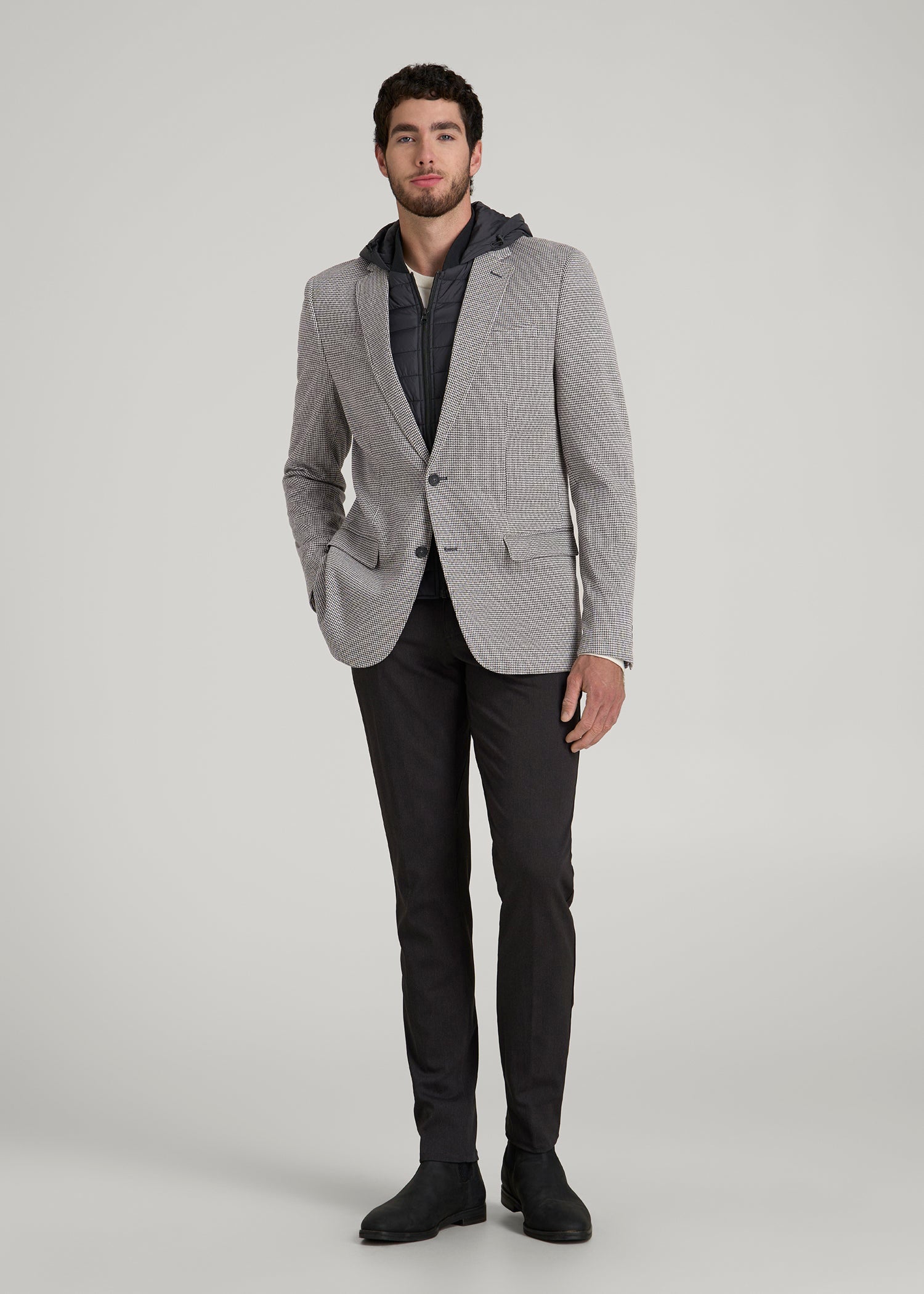 American Tall Men Hooded Bib Blazer for Tall Men in Chocolate and Black Houndstooth