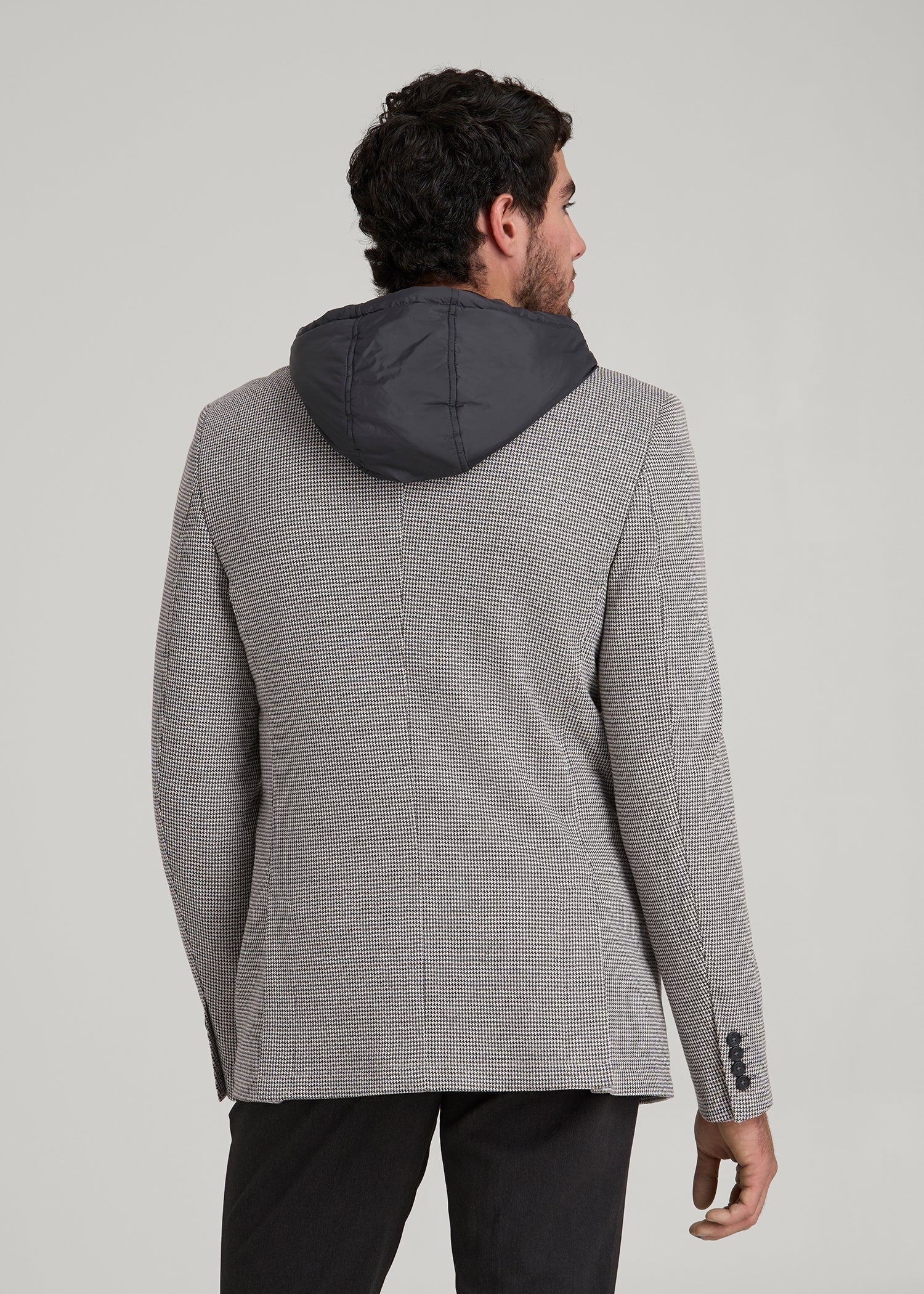 American Tall Men Hooded Bib Blazer for Tall Men in Chocolate and Black Houndstooth