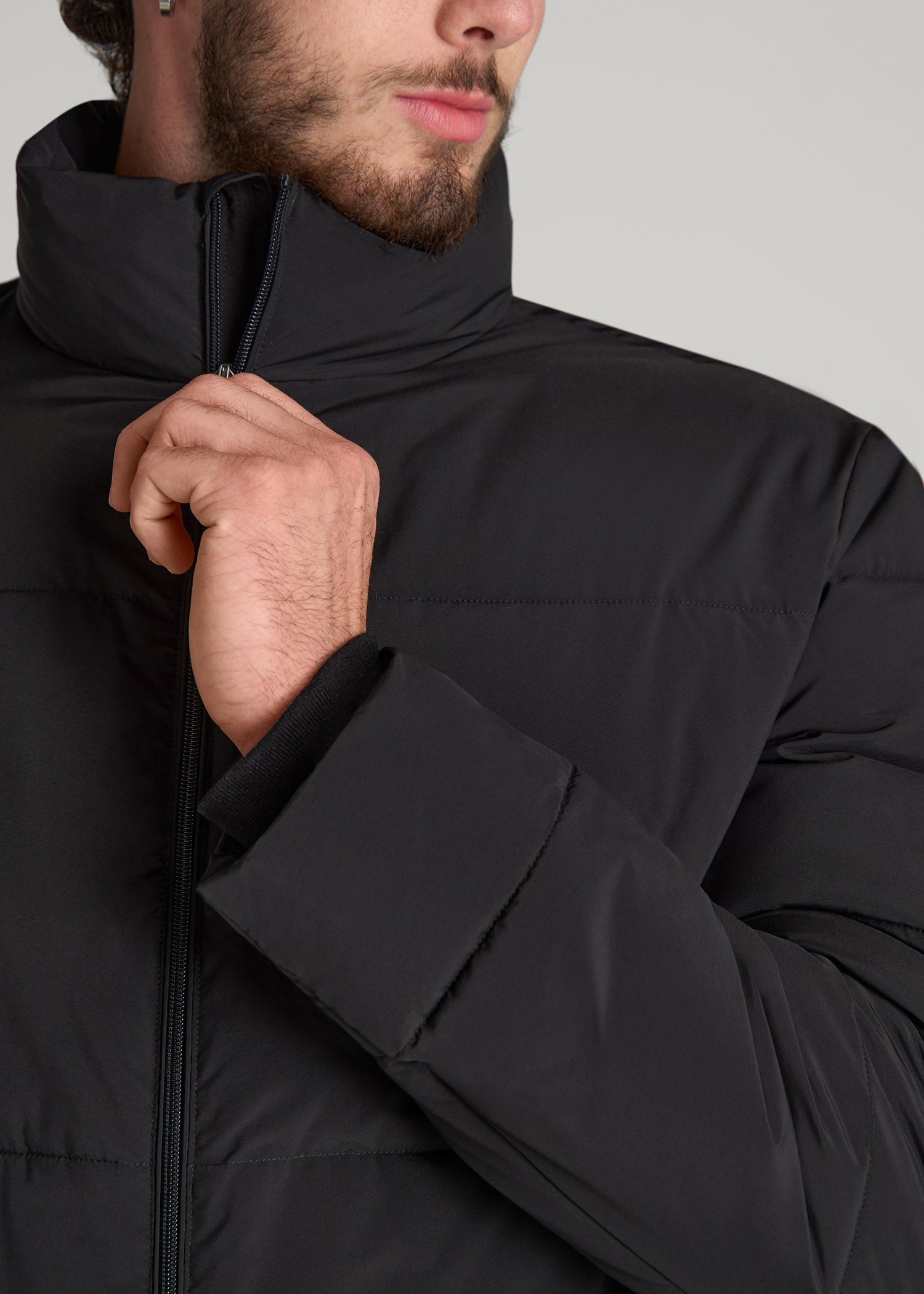American Tall Men Stand Collar Puffer Coat Jacket for Tall Men in Black