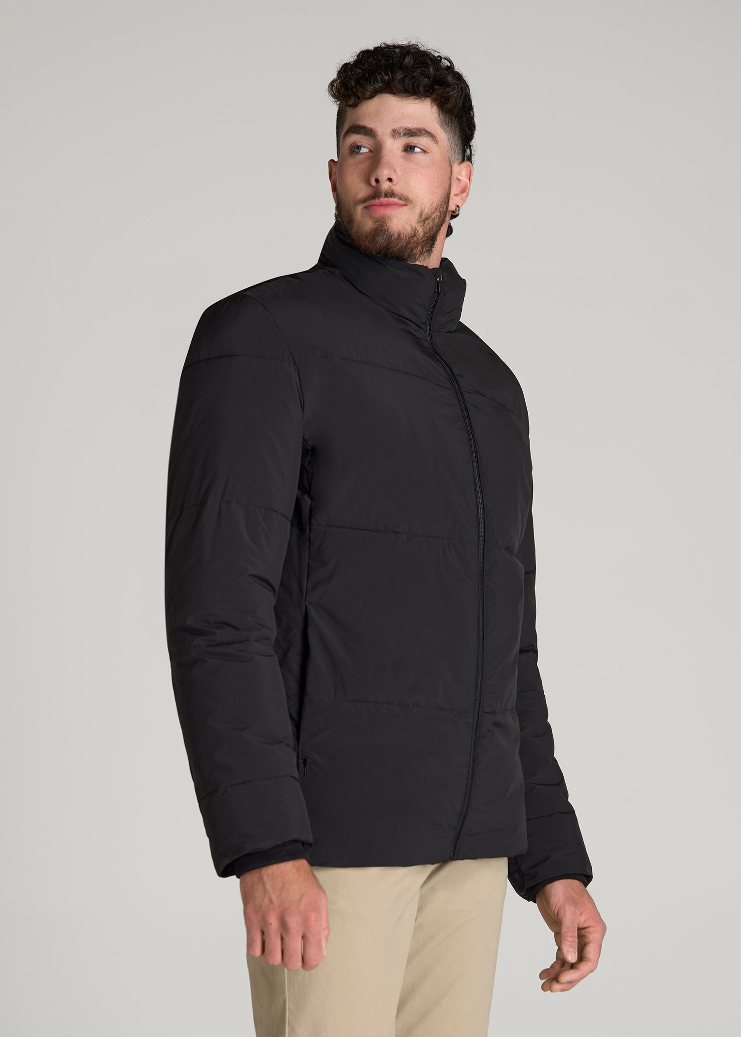 American Tall Men Stand Collar Puffer Coat Jacket for Tall Men in Black
