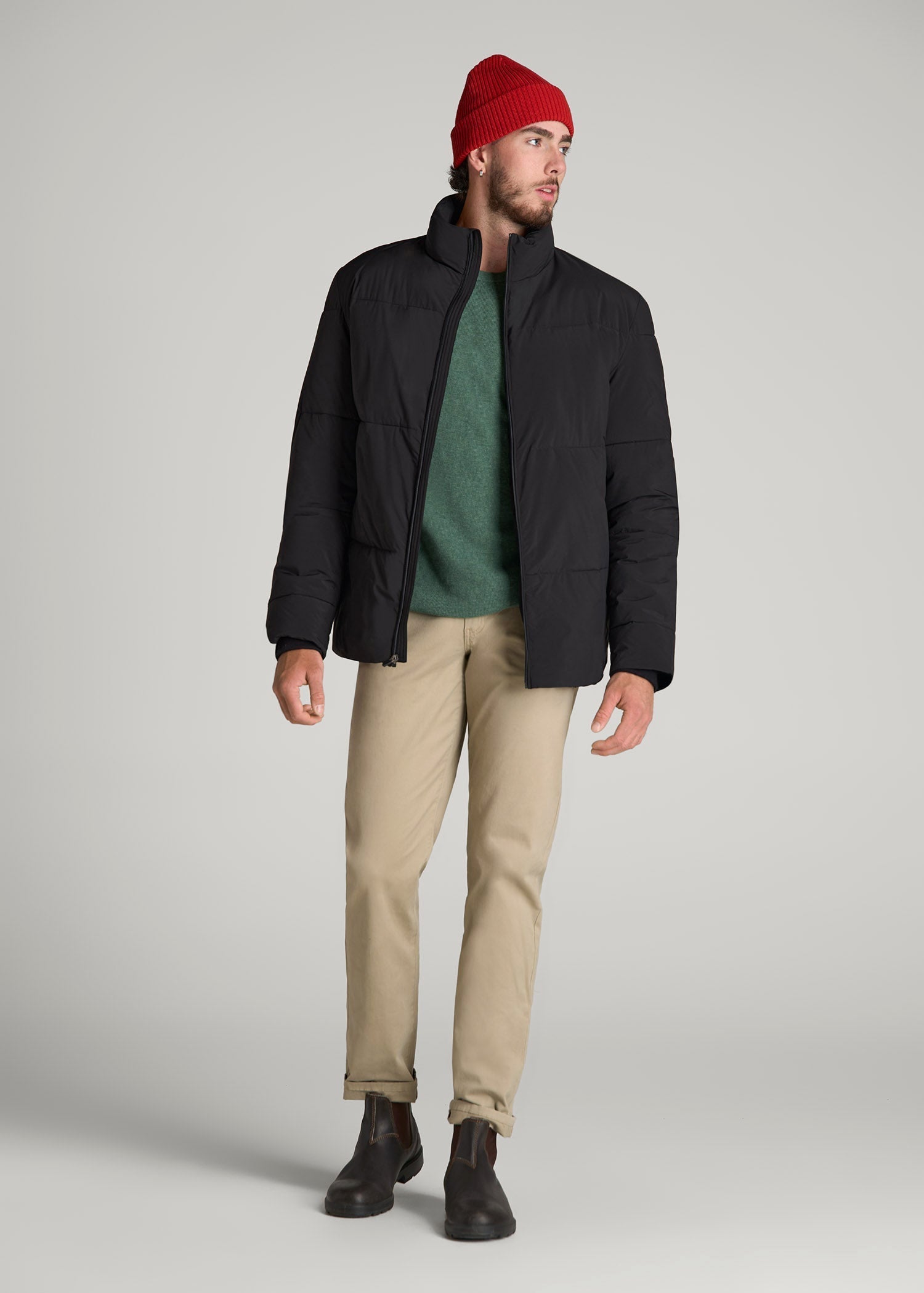 American Tall Men Stand Collar Puffer Coat Jacket for Tall Men in Black