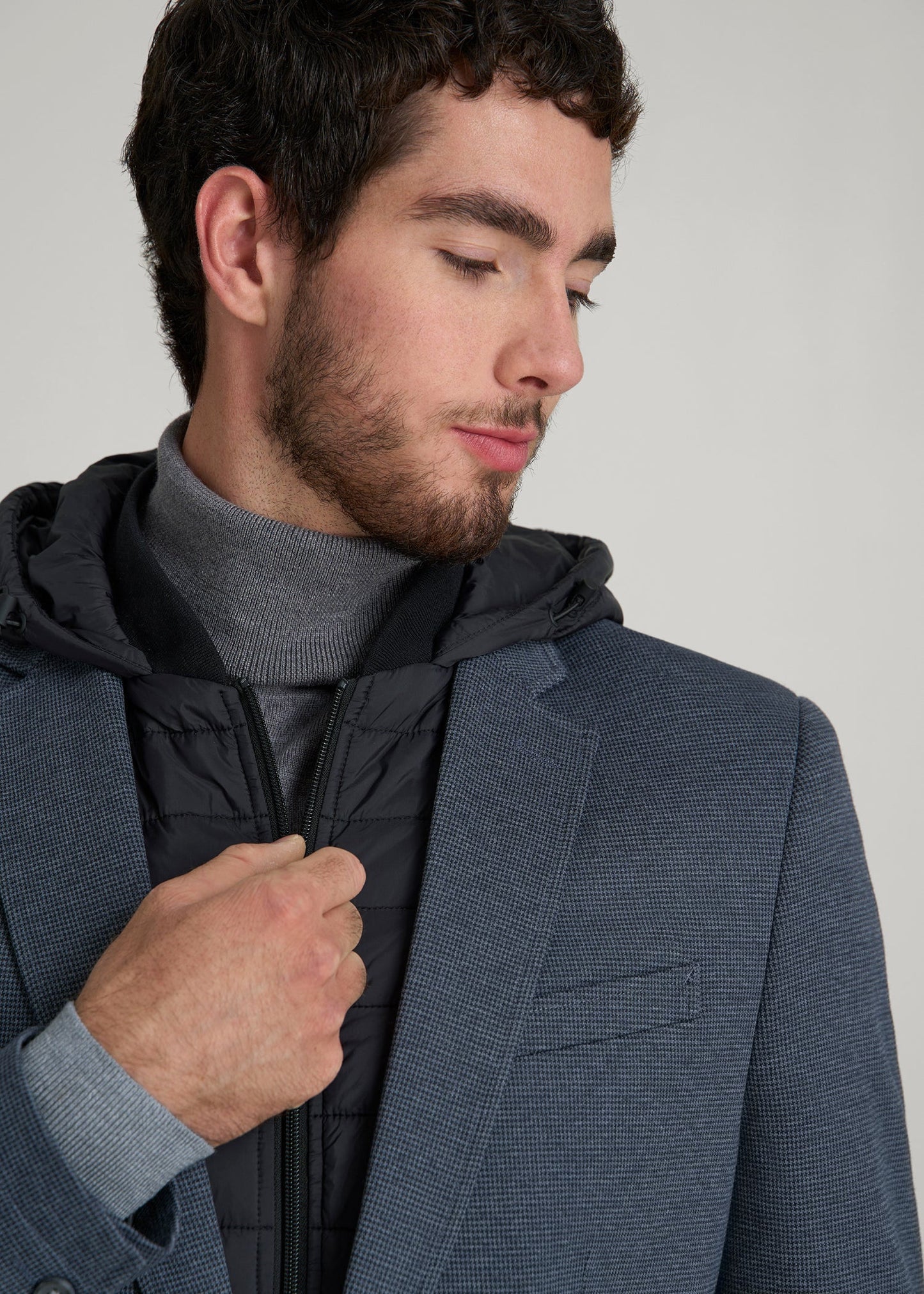 American Tall Men Hooded Bib Blazer for Tall Men in Black and Grey Houndstooth