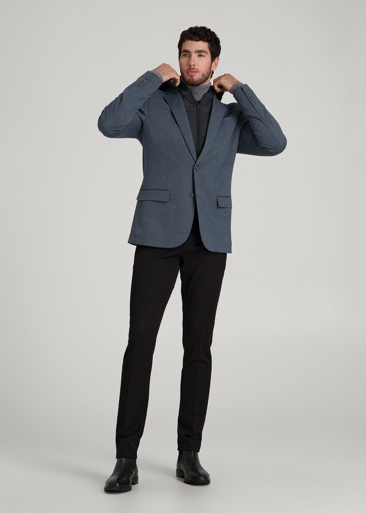 American Tall Men Hooded Bib Blazer for Tall Men in Black and Grey Houndstooth