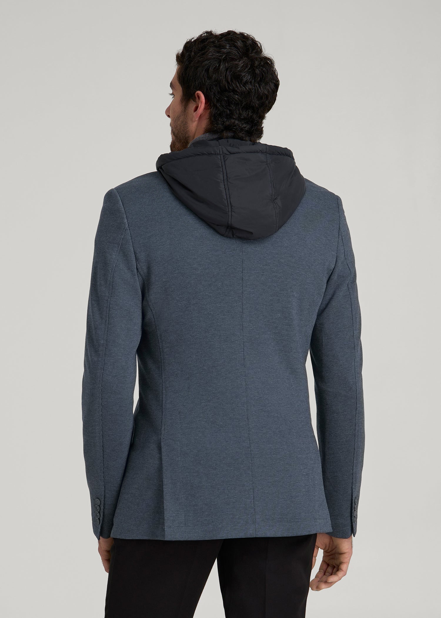 American Tall Men Hooded Bib Blazer for Tall Men in Black and Grey Houndstooth