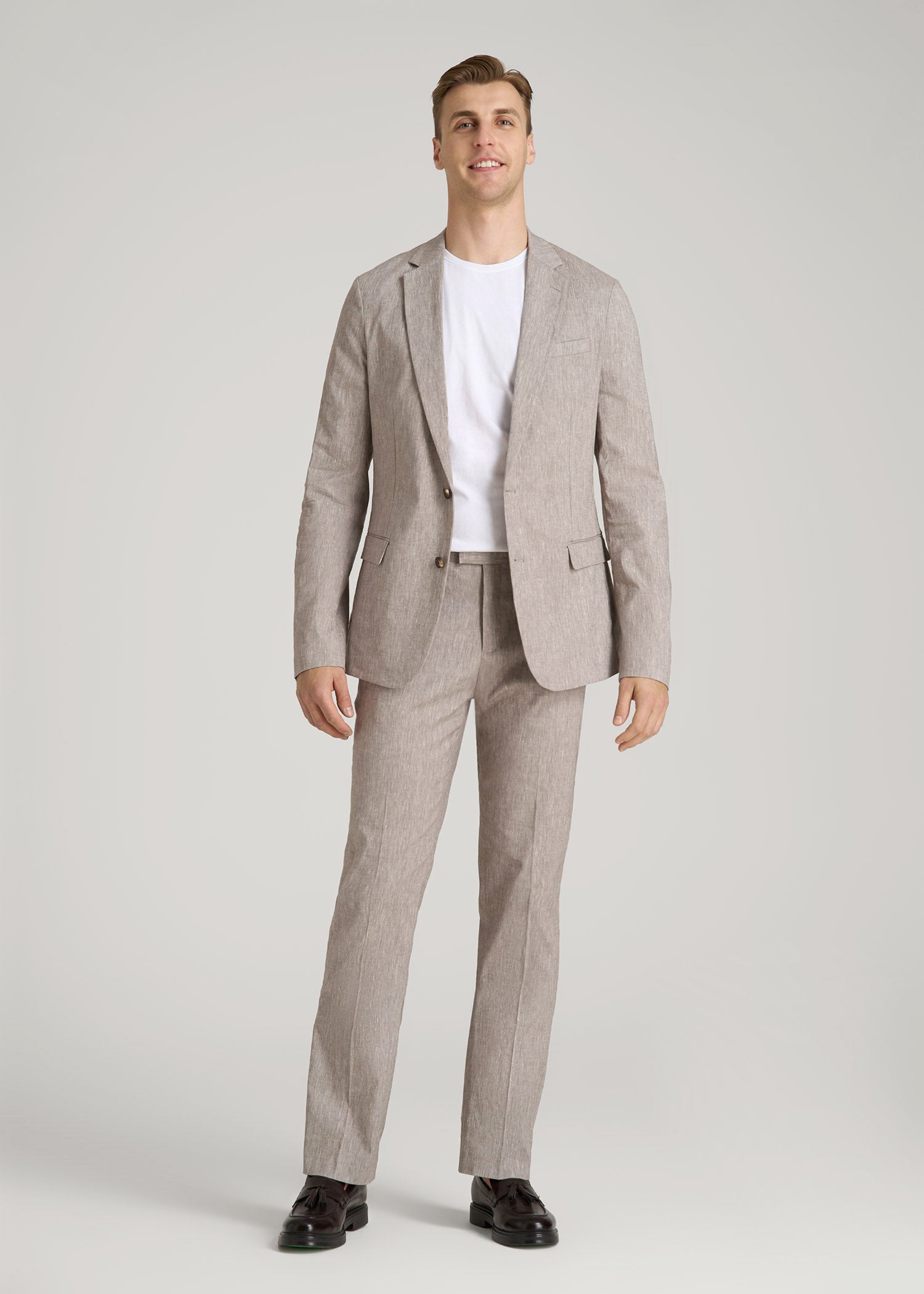 American Tall Men Stretch Linen Blazer for Tall Men in Brown Linen