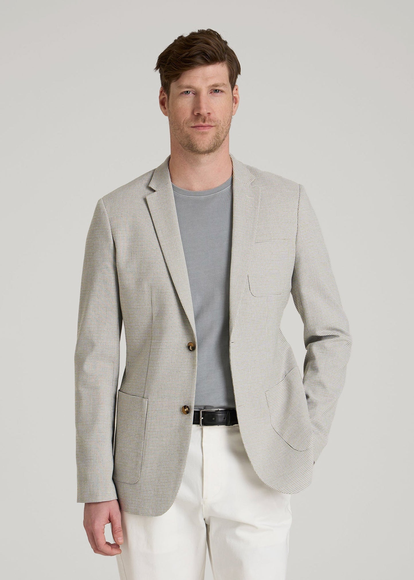 American Tall Men Core Blazer for Tall Men in Beige and Grey Houndstooth