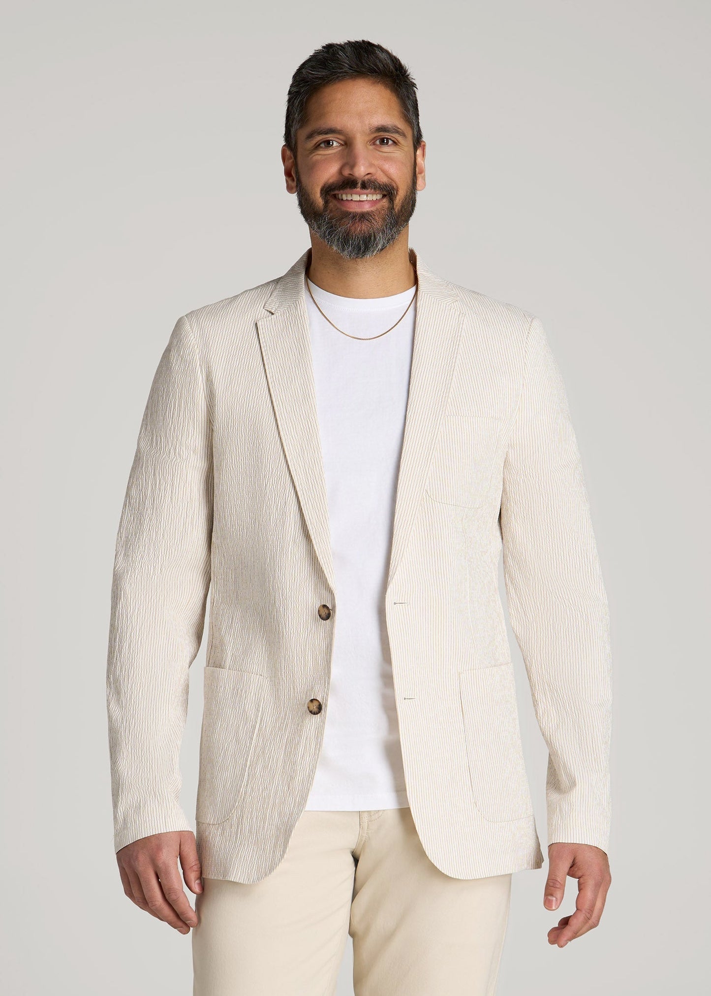 American Tall Men Stretch Seersucker Blazer for Tall Men in Off White and Beige Stripe