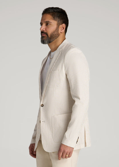 American Tall Men Stretch Seersucker Blazer for Tall Men in Off White and Beige Stripe