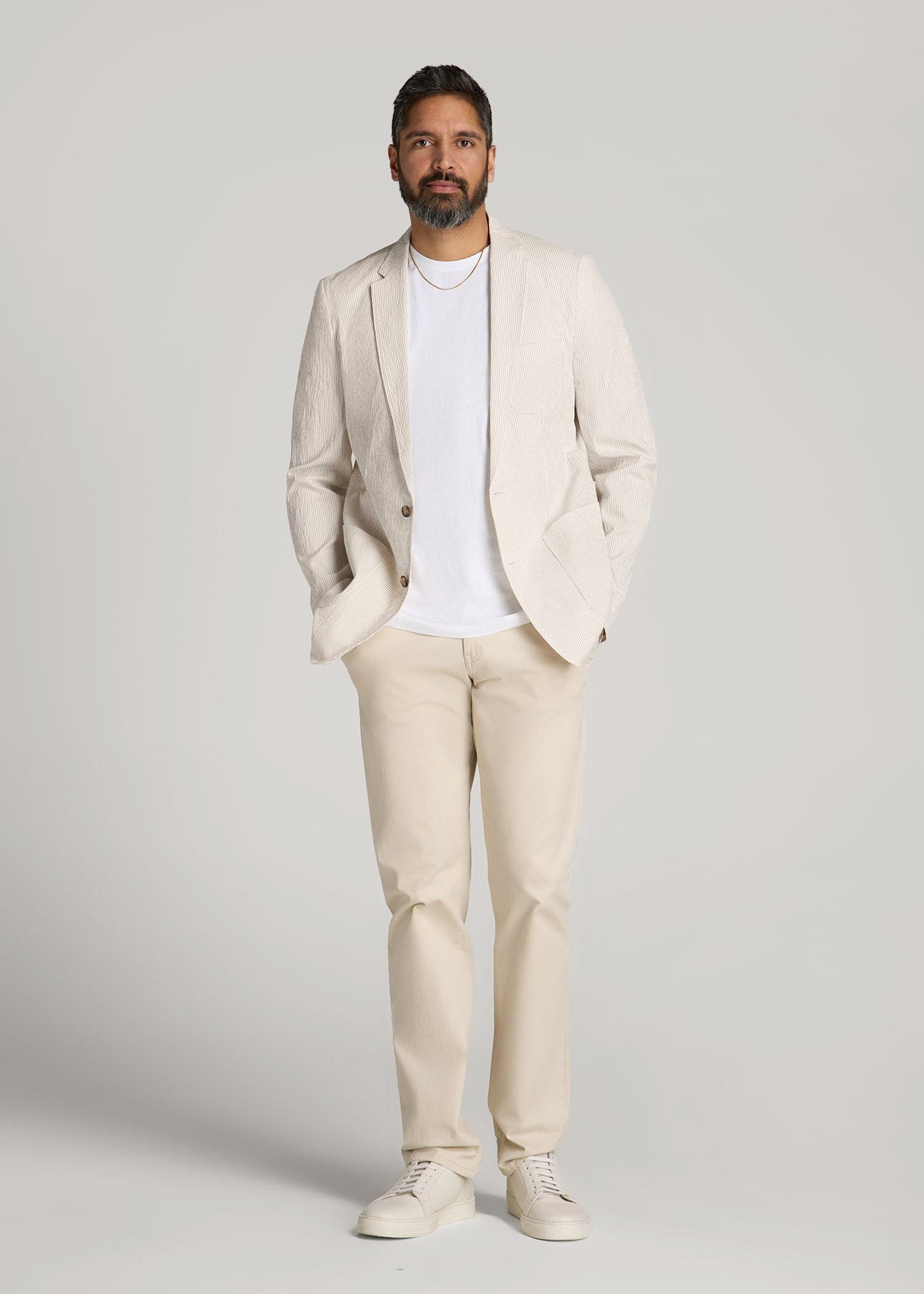 American Tall Men Stretch Seersucker Blazer for Tall Men in Off White and Beige Stripe