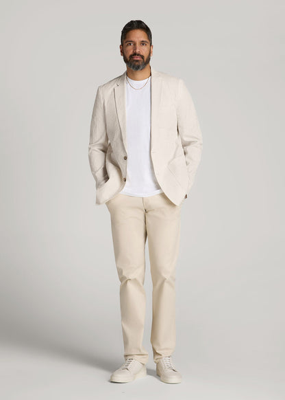 American Tall Men Stretch Seersucker Blazer for Tall Men in Off White and Beige Stripe