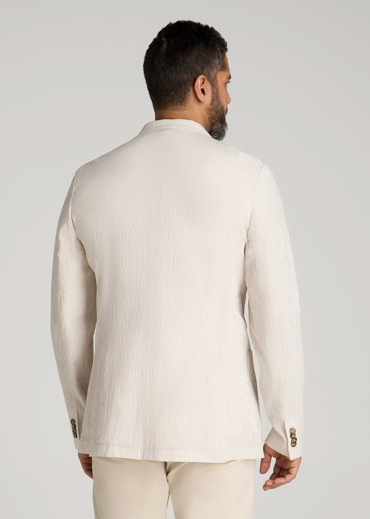 American Tall Men Stretch Seersucker Blazer for Tall Men in Off White and Beige Stripe
