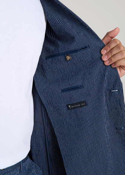 American Tall Men Stretch Seersucker Blazer for Tall Men in Navy and Off White Stripe
