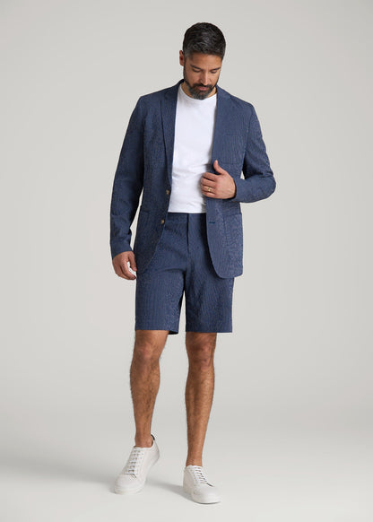 American Tall Men Stretch Seersucker Blazer for Tall Men in Navy and Off White Stripe
