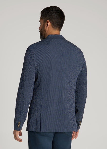 American Tall Men Stretch Seersucker Blazer for Tall Men in Navy and Off White Stripe