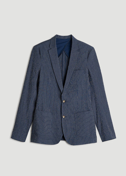 American Tall Men Stretch Seersucker Blazer for Tall Men in Navy and Off White Stripe