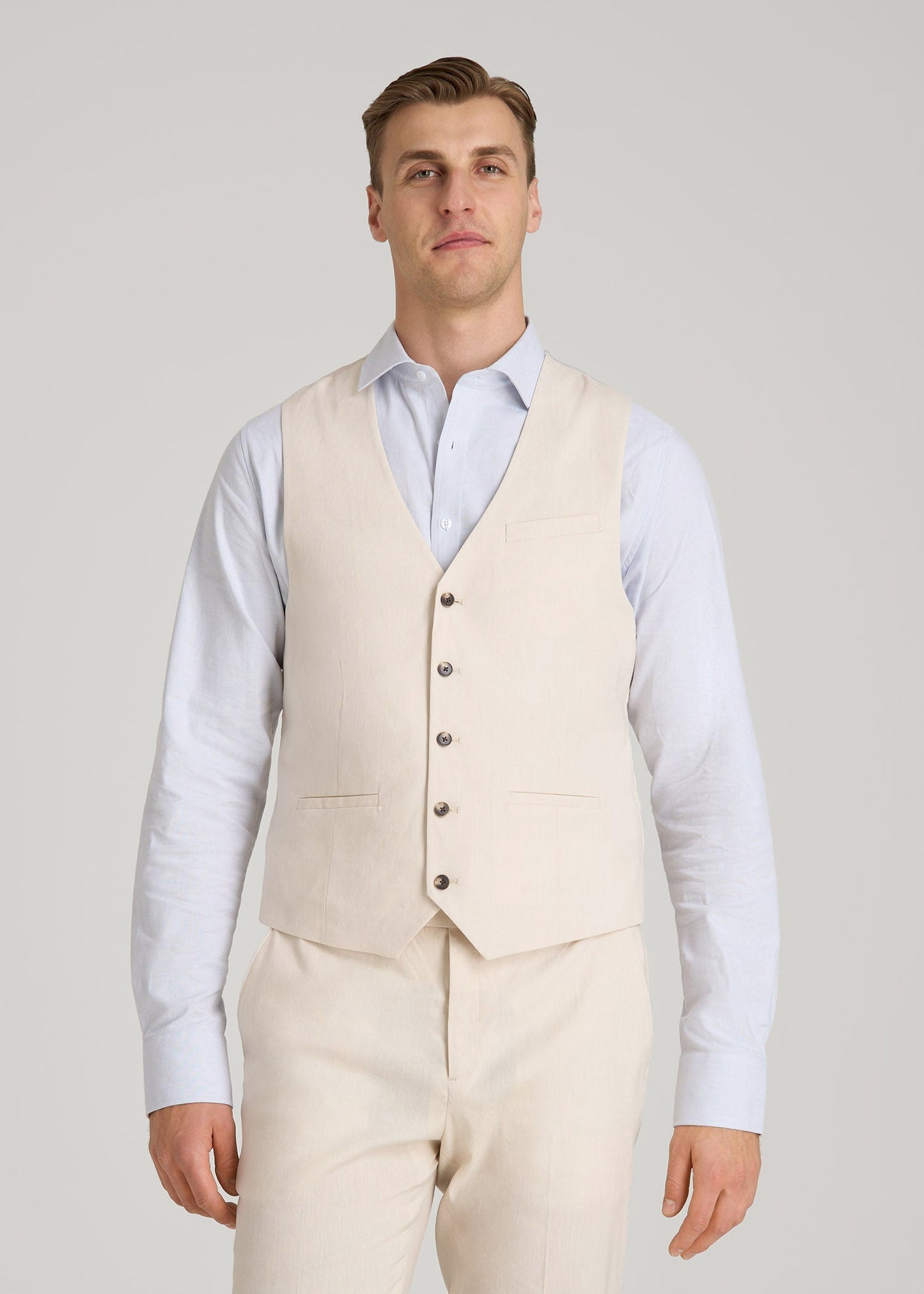 American Tall Men Stretch Linen Suit Vest for Tall Men in Light Beige Linen