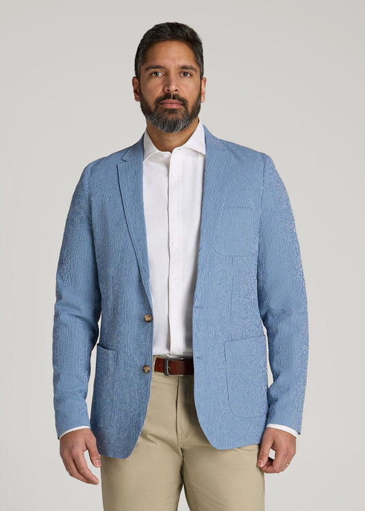 American Tall Men Stretch Seersucker Blazer for Tall Men in Tonal Blue Stripe