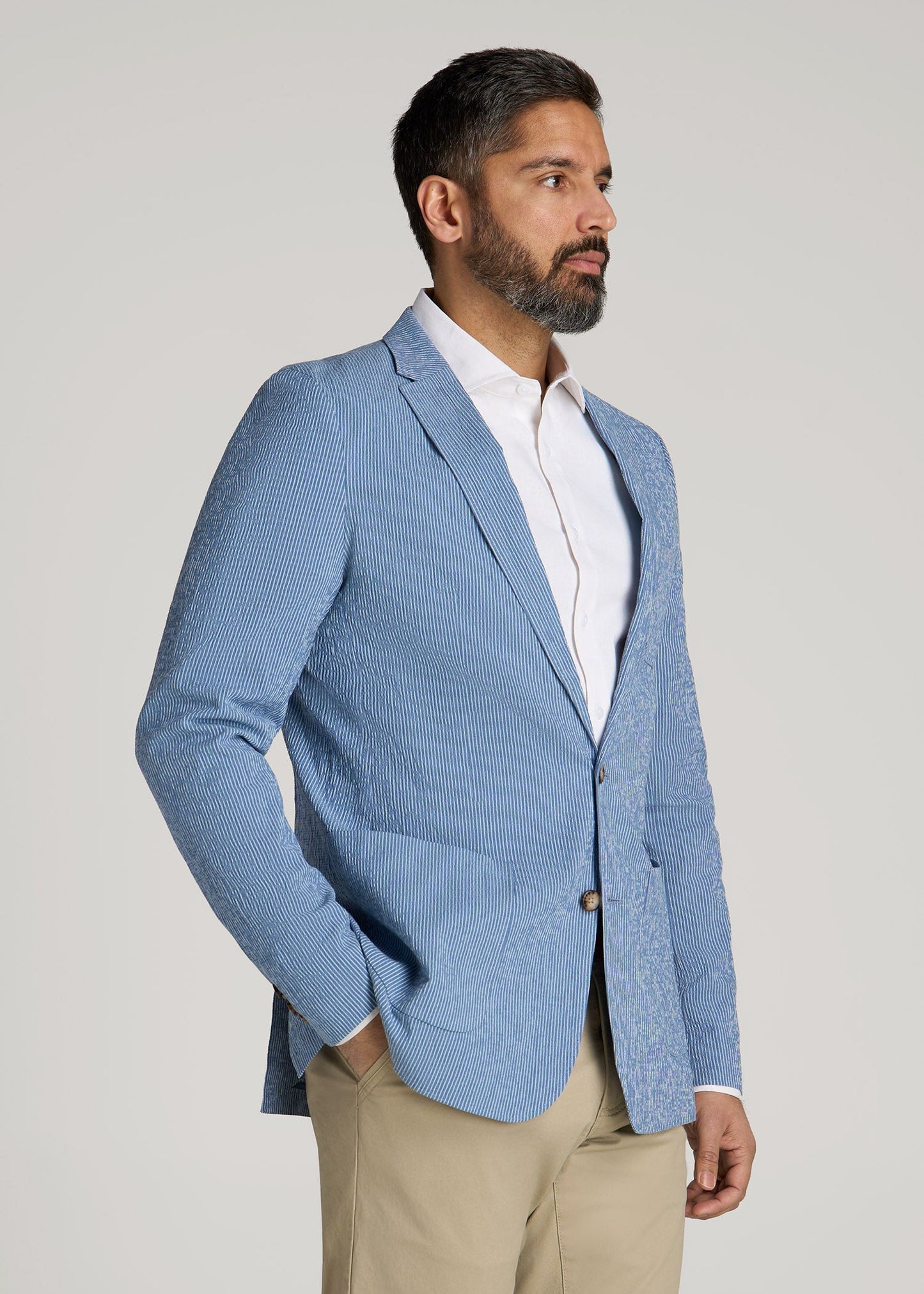 American Tall Men Stretch Seersucker Blazer for Tall Men in Tonal Blue Stripe