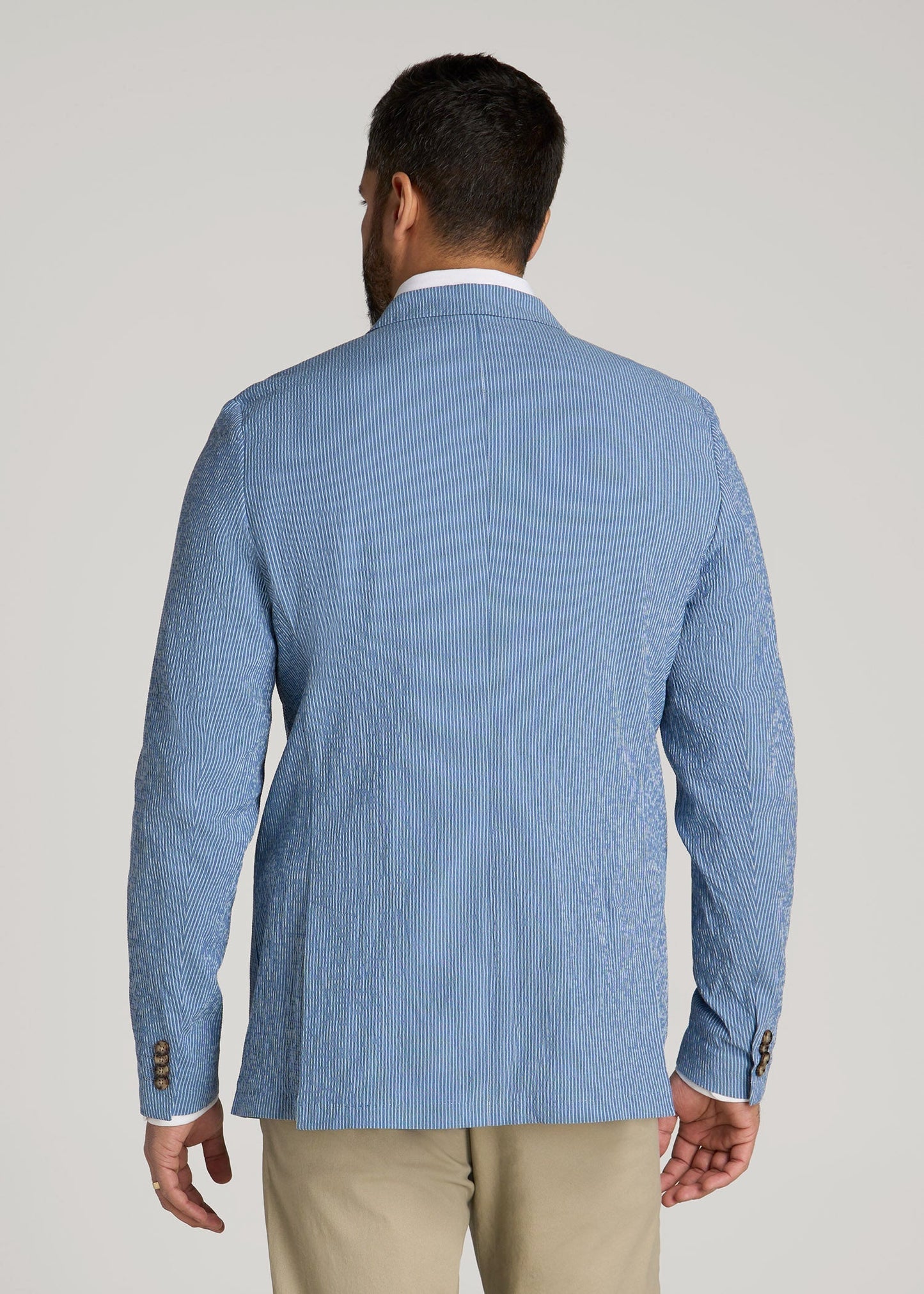 American Tall Men Stretch Seersucker Blazer for Tall Men in Tonal Blue Stripe